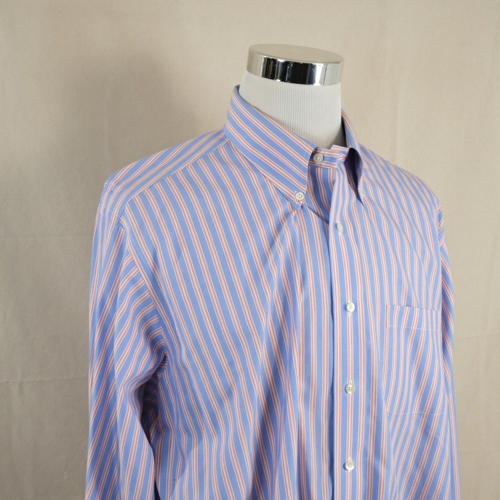 Brooks Brothers 17.5 34 Traditional Fit Shirt Red White Blue Striped Non-Iron